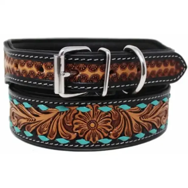 Handcrafted Carved Western Leather Dog Collar with Pressure-Reducing Stitching Durable Fashionable Pet Accessories