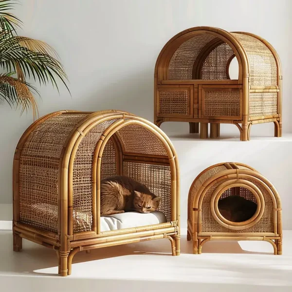 Wicker Pet Bed Basket; Rattan Cat/Dog Nest; Wicker Pet House Cage Woven Rattan Pet Bed - Image 2