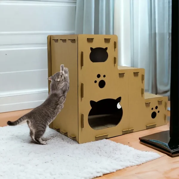 Low Quantity Three Floors of Stairs Assemble Paperboard Corrugated House  DIY Cat Scratching Pad Reversible  Cat Scratcher