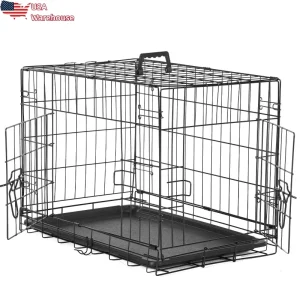 Dog Crate, Double Door Folding Pet Cage with Divider and Removable Tray, Portable Large Dog Bed