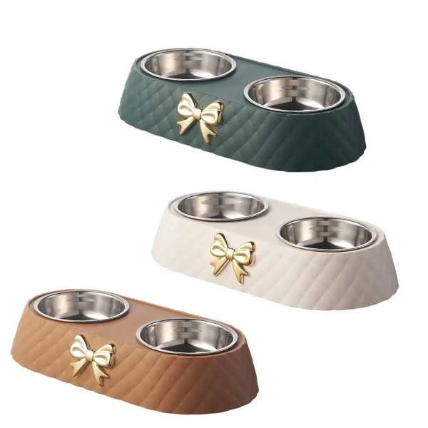 Pet Supplies Bow Tie Pet Double Bowl Stainless Steel Dog Bowl Drinking Feeding Cat Bowl Wholesale