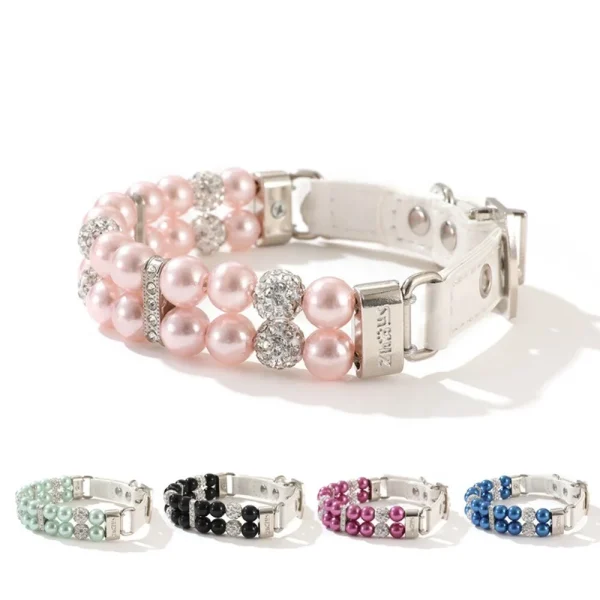 Artificial Pearl Water Diamond PU Leather Adjustable Pet Collar Dog Cat Puppy Kitten Accessories - Image 4
