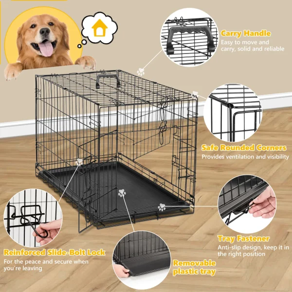 Dog Crate, Double Door Folding Pet Cage with Divider and Removable Tray, Portable Large Dog Bed - Image 5
