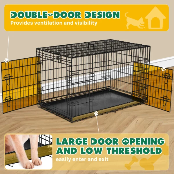Dog Crate, Double Door Folding Pet Cage with Divider and Removable Tray, Portable Large Dog Bed - Image 3