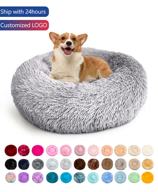 Luxury Fluffy  Cushion Plush Soft Donut Dog Bed Accessories Washable Calming Sofa Camas Para Perros Large Custom Cat Dog Pet Bed