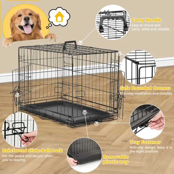 Dog Crate, Double Door Folding Pet Cage with Divider and Removable Tray, Portable Large Dog Bed - Image 4