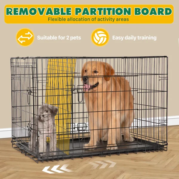 Dog Crate, Double Door Folding Pet Cage with Divider and Removable Tray, Portable Large Dog Bed - Image 6